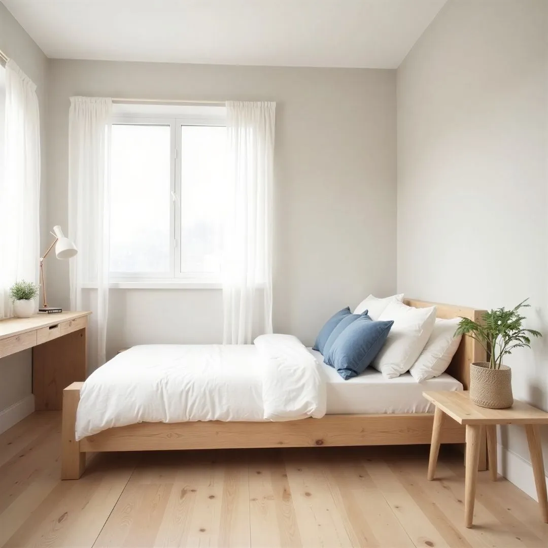 Quarto minimalista com piso de madeira